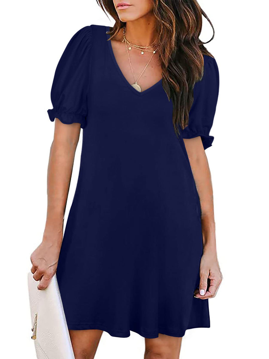 Round Neck Flounce Sleeve Pockets Mini Dress - Image 8