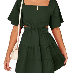 Shy Velvet Crossover Waist Casual Party Square Neck Short Sleeves Mini Dress