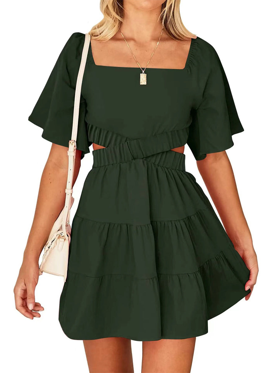 Shy Velvet Crossover Waist Casual Party Square Neck Short Sleeves Mini Dress - Image 5