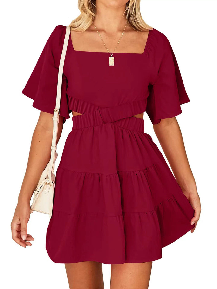 Shy Velvet Crossover Waist Casual Party Square Neck Short Sleeves Mini Dress - Image 2