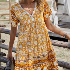 Bohemian V-Neck Short Sleeve Mini Dress