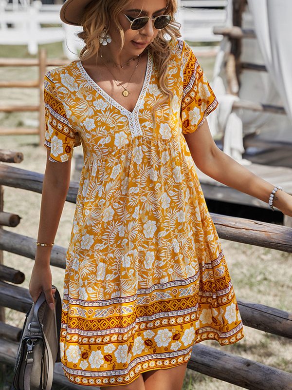 Bohemian V-Neck Short Sleeve Mini Dress - Image 5