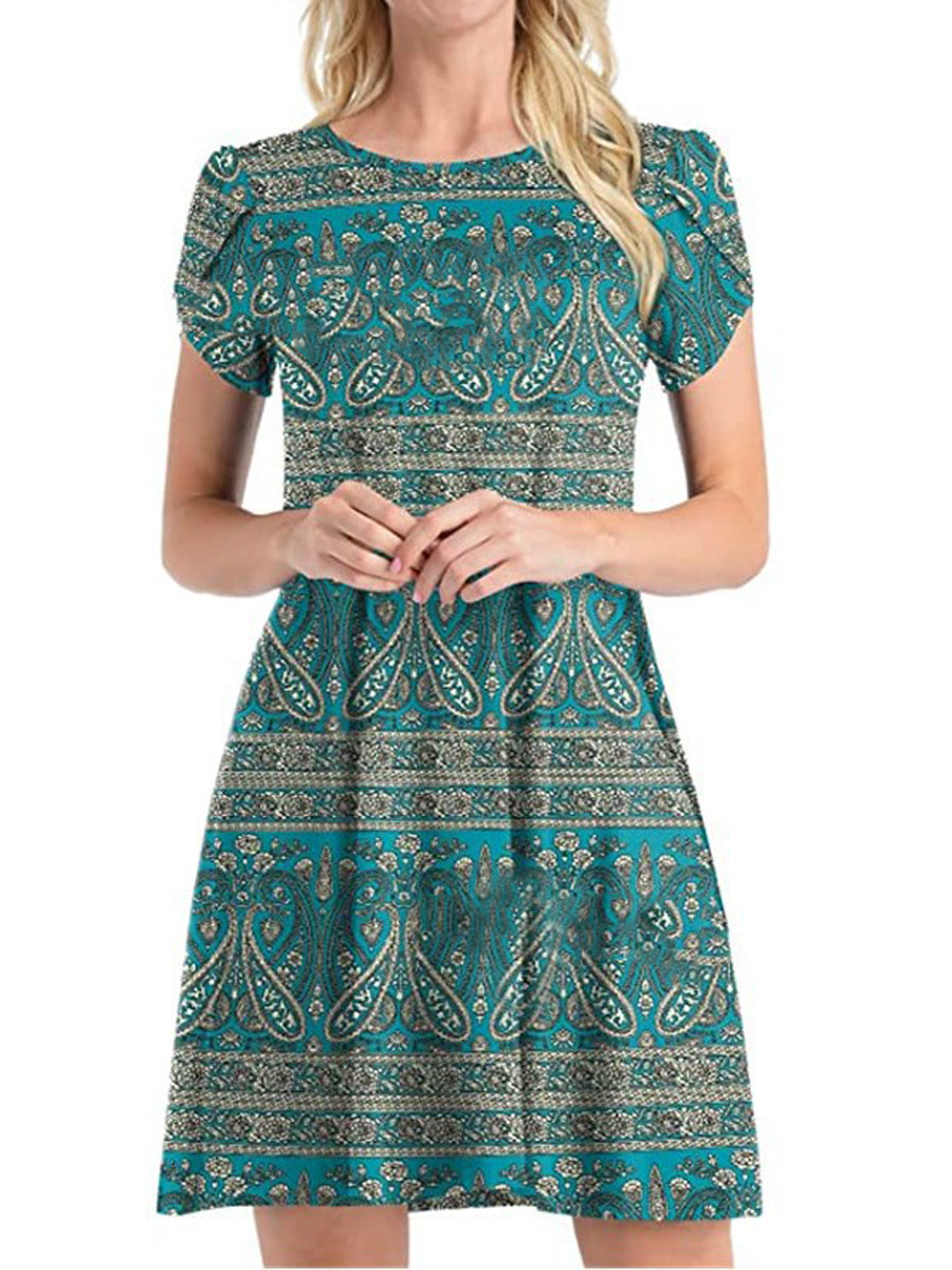 Casual Ruffle Short Sleeve Cute Crew Neck Flowy Mini Dress - Image 5