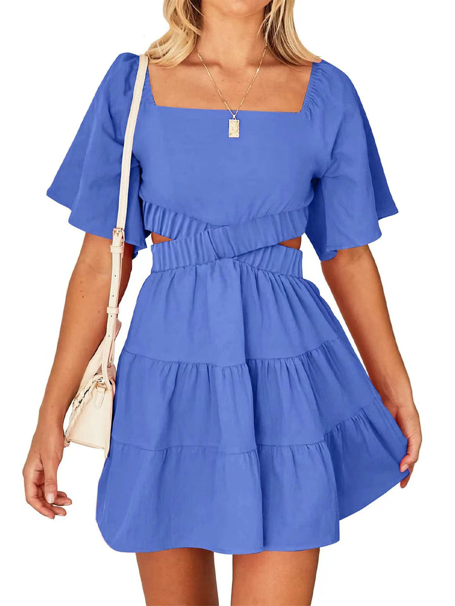 Shy Velvet Crossover Waist Casual Party Square Neck Short Sleeves Mini Dress - Image 3