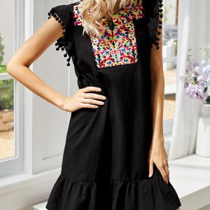 Embroidery Flutter Sleeve Mini Dress