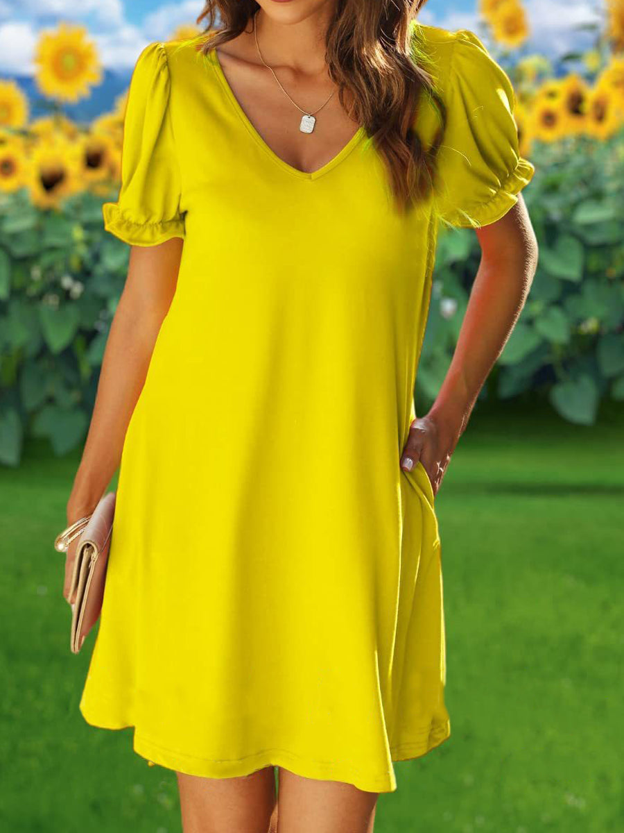 Round Neck Flounce Sleeve Pockets Mini Dress - Image 4