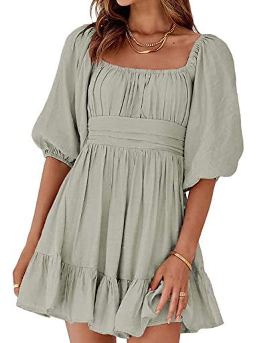 Square Neck Lantern Sleeve Tie Backless Ruffle A-Line Casual Mini Dress - Image 6