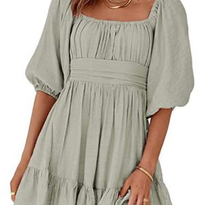 Square Neck Lantern Sleeve Tie Backless Ruffle A-Line Casual Mini Dress