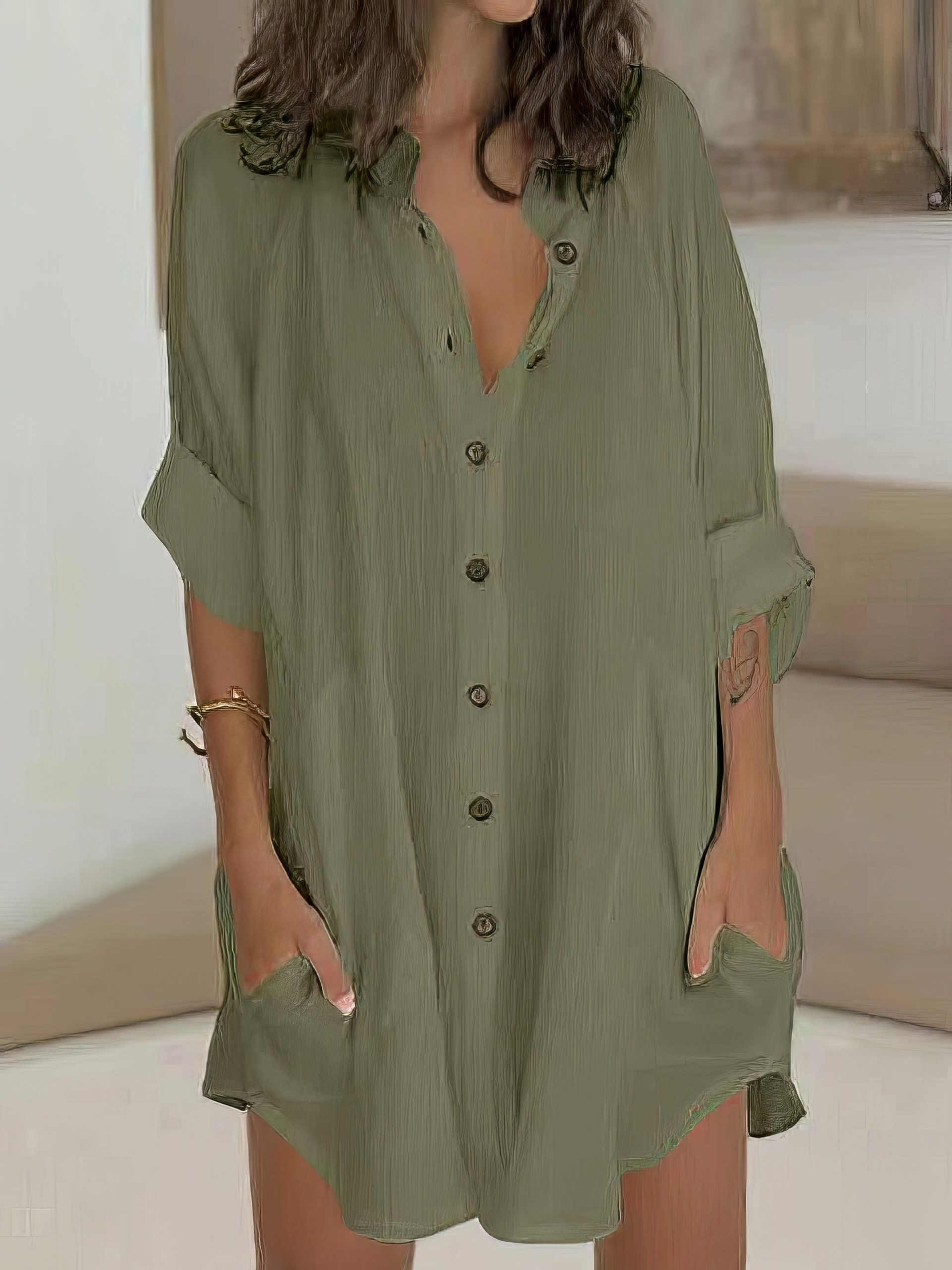 Shirt Casual  Basic Loose Fit Long Sleeve Mini Dress - Image 11