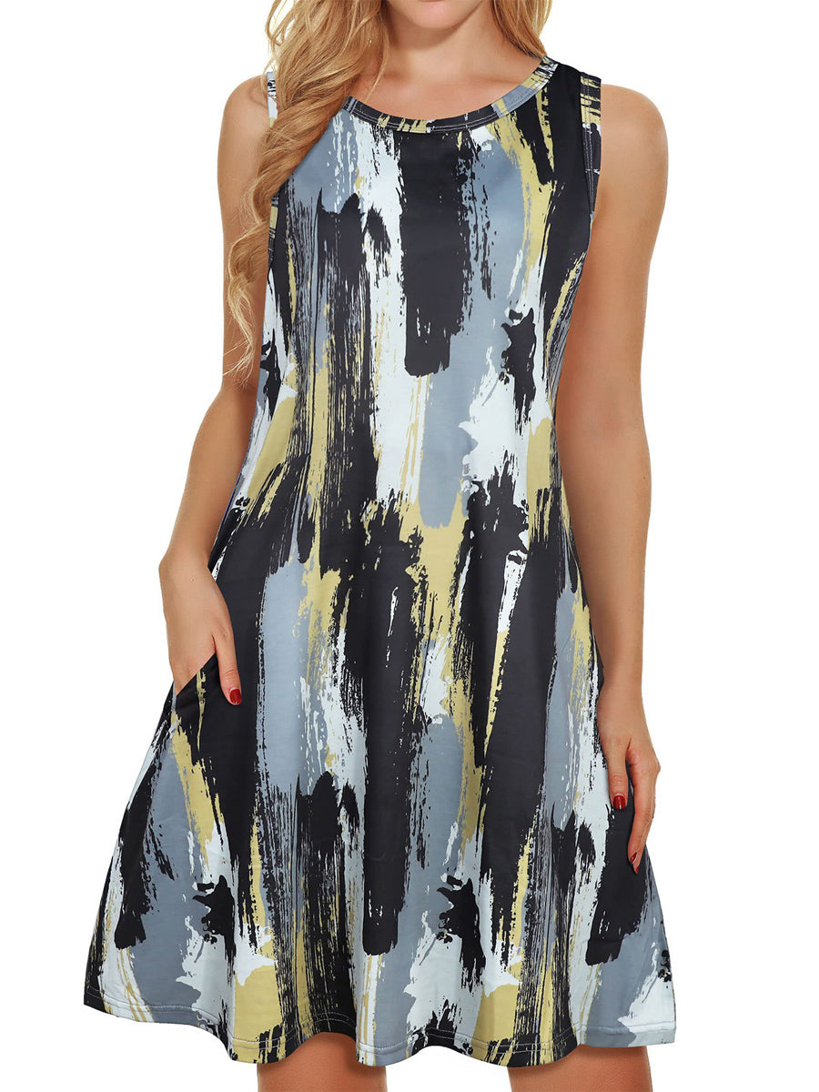 Comfortable Floral Print And Pockets Loose Fit Sleeveless Mini Dress - A-Line - Jewel - Image 3