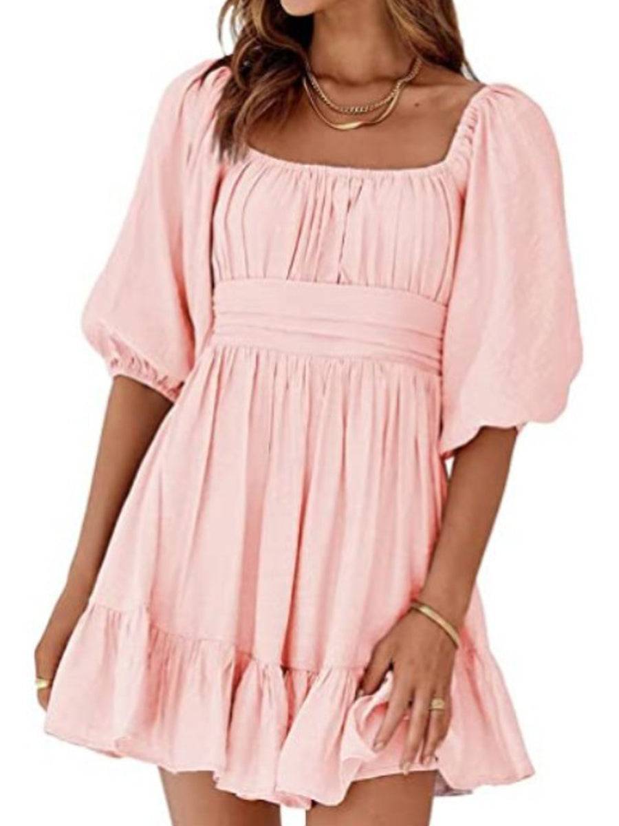 Square Neck Lantern Sleeve Tie Backless Ruffle A-Line Casual Mini Dress - Image 3