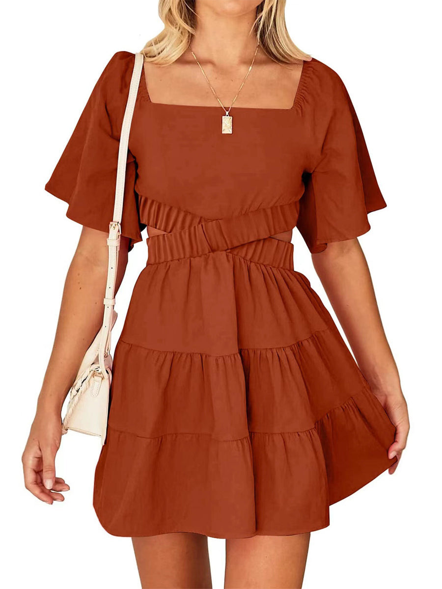 Shy Velvet Crossover Waist Casual Party Square Neck Short Sleeves Mini Dress - Image 8