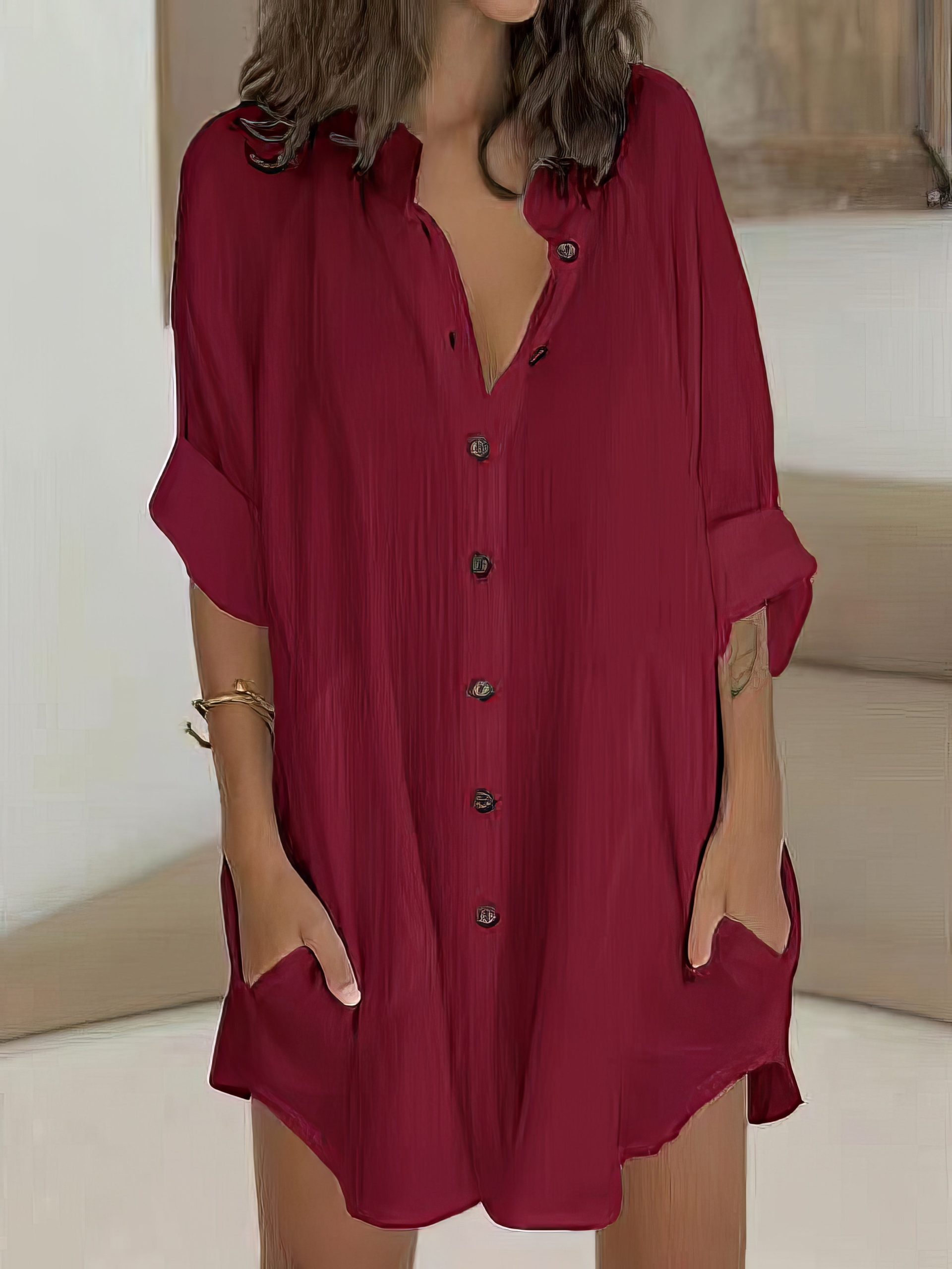 Shirt Casual  Basic Loose Fit Long Sleeve Mini Dress - Image 8