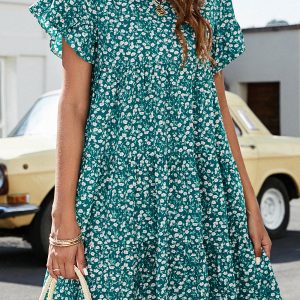 Short Flounce Sleeve Tiered Mini Dress