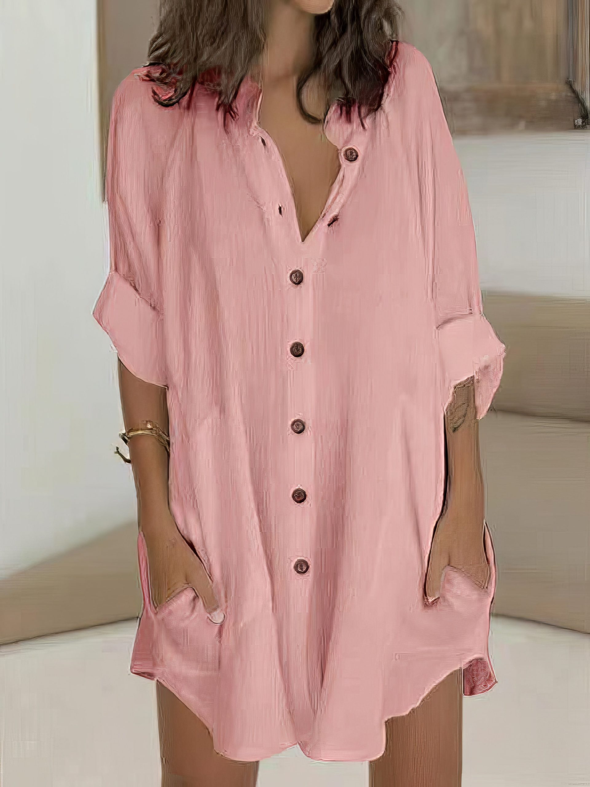 Shirt Casual  Basic Loose Fit Long Sleeve Mini Dress - Image 3