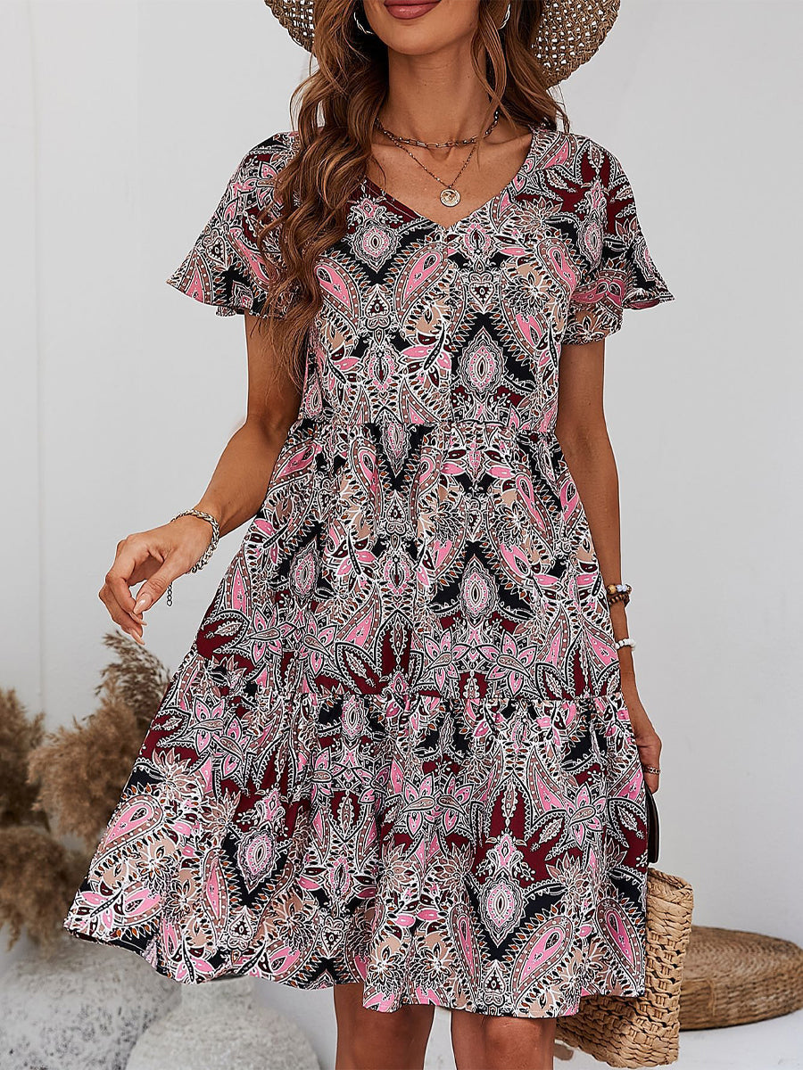 Printed V-Neck Tiered Mini Dress - Image 7