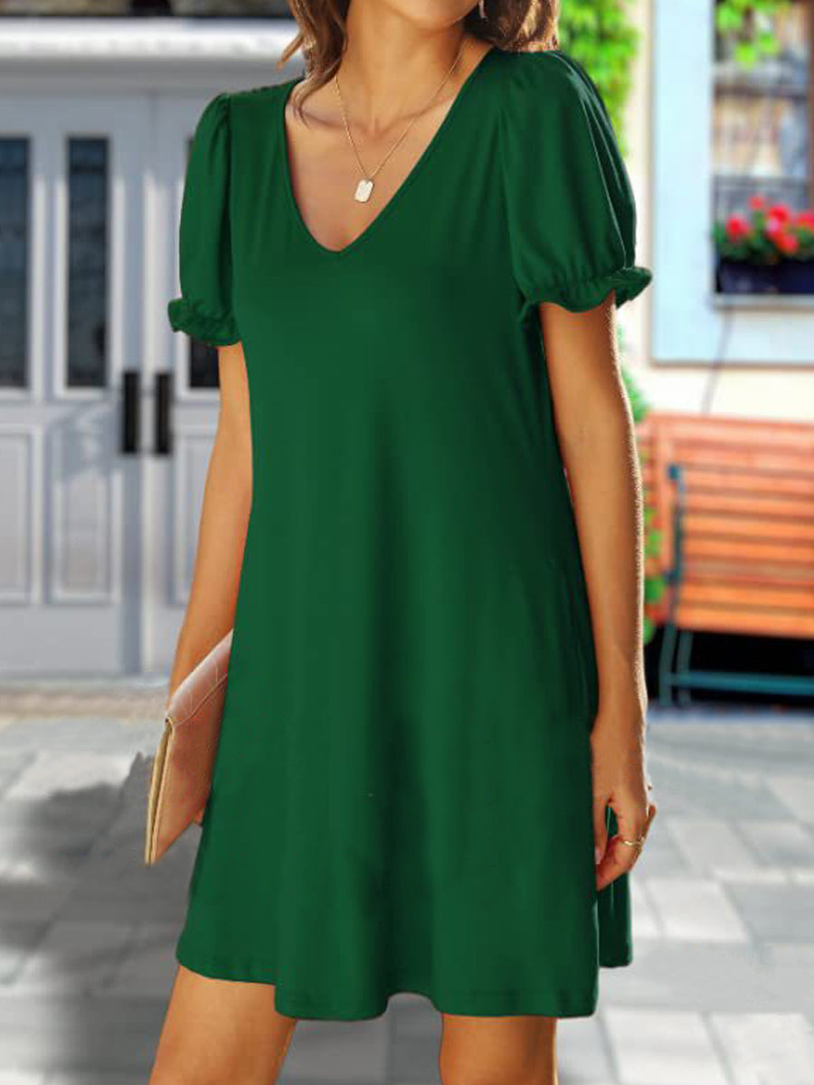 Round Neck Flounce Sleeve Pockets Mini Dress - Image 9