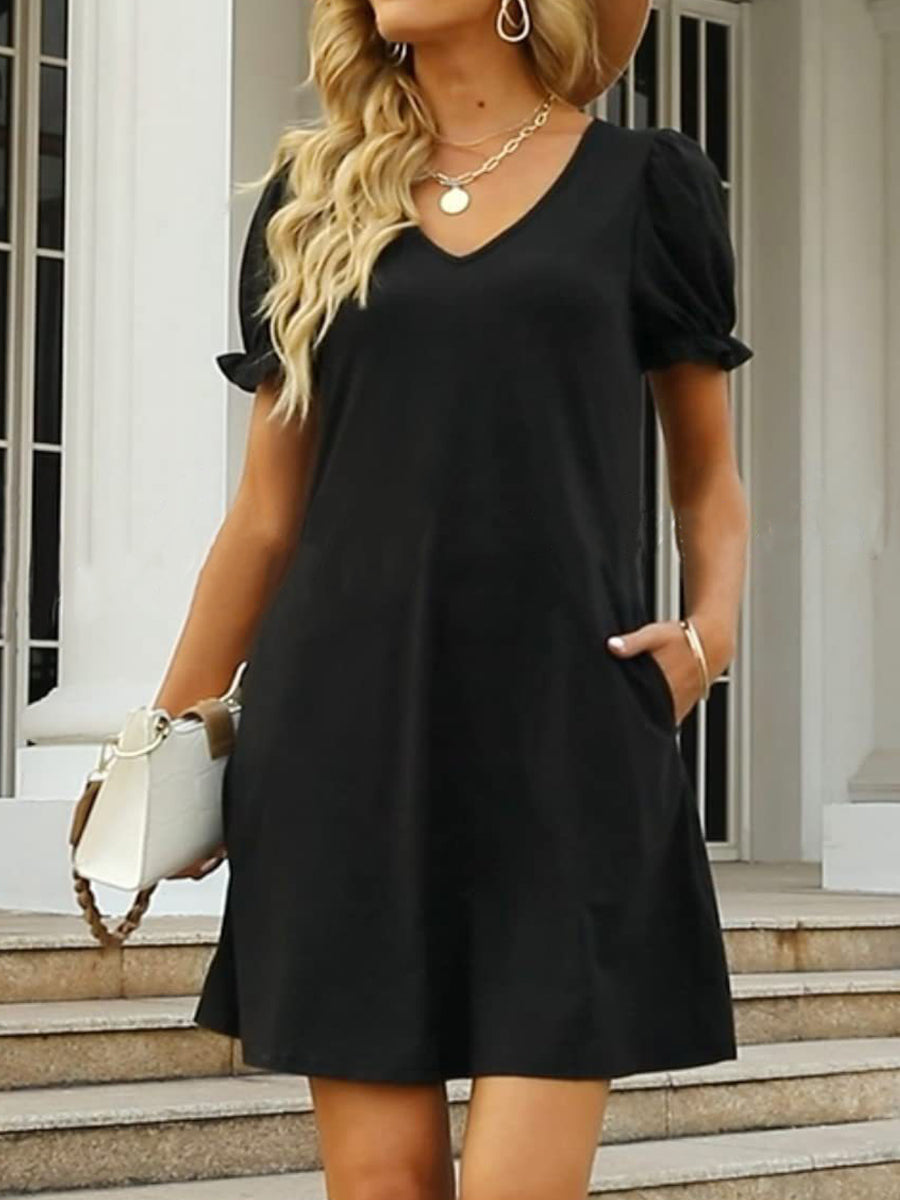 Round Neck Flounce Sleeve Pockets Mini Dress - Image 5