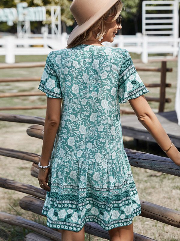 Bohemian V-Neck Short Sleeve Mini Dress - Image 3