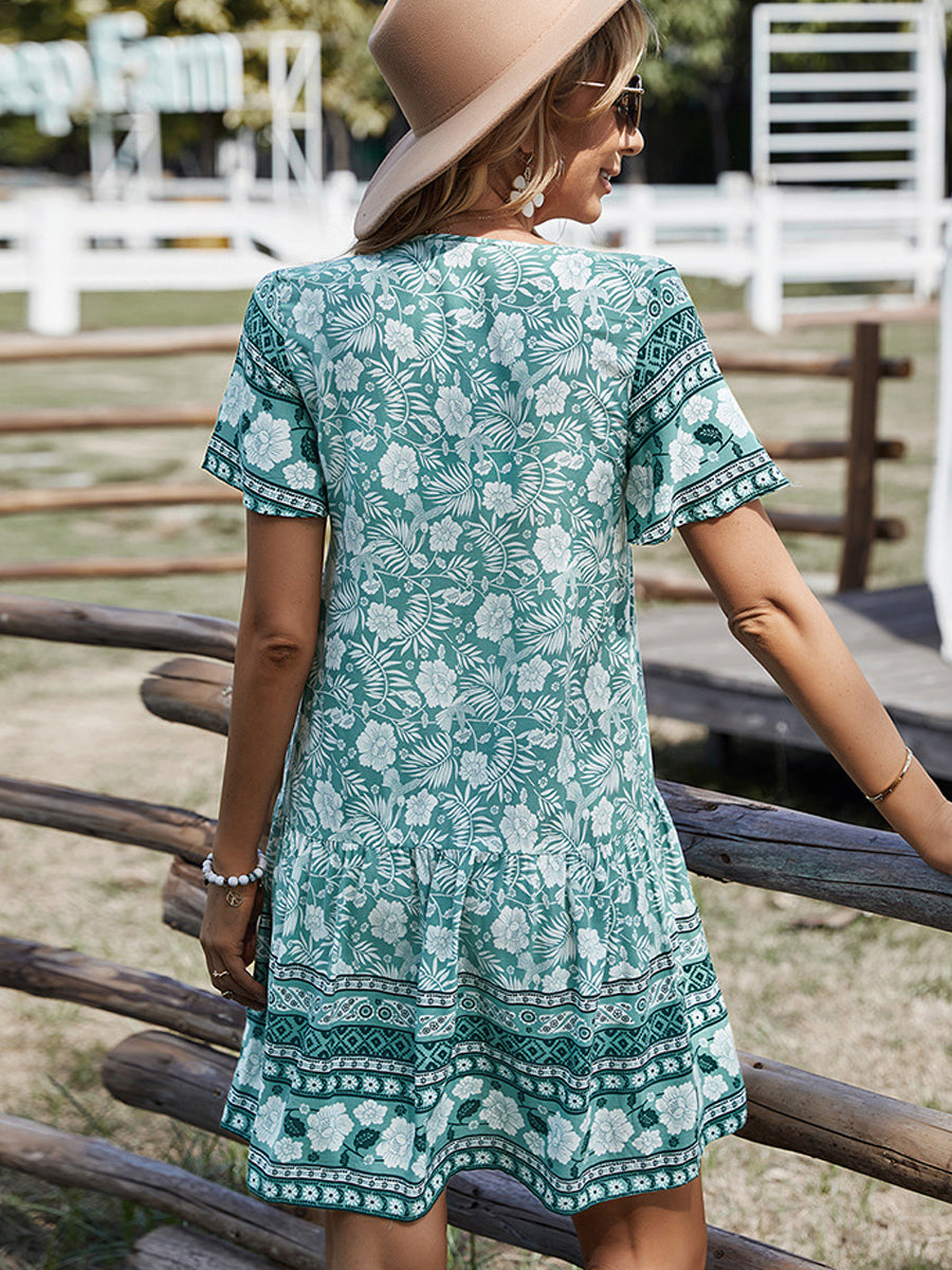 Bohemian V-Neck Short Sleeve Mini Dress - Image 3