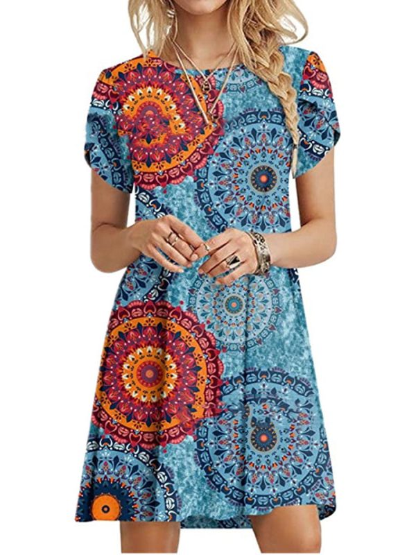 Casual Ruffle Short Sleeve Cute Crew Neck Flowy Mini Dress - Image 3