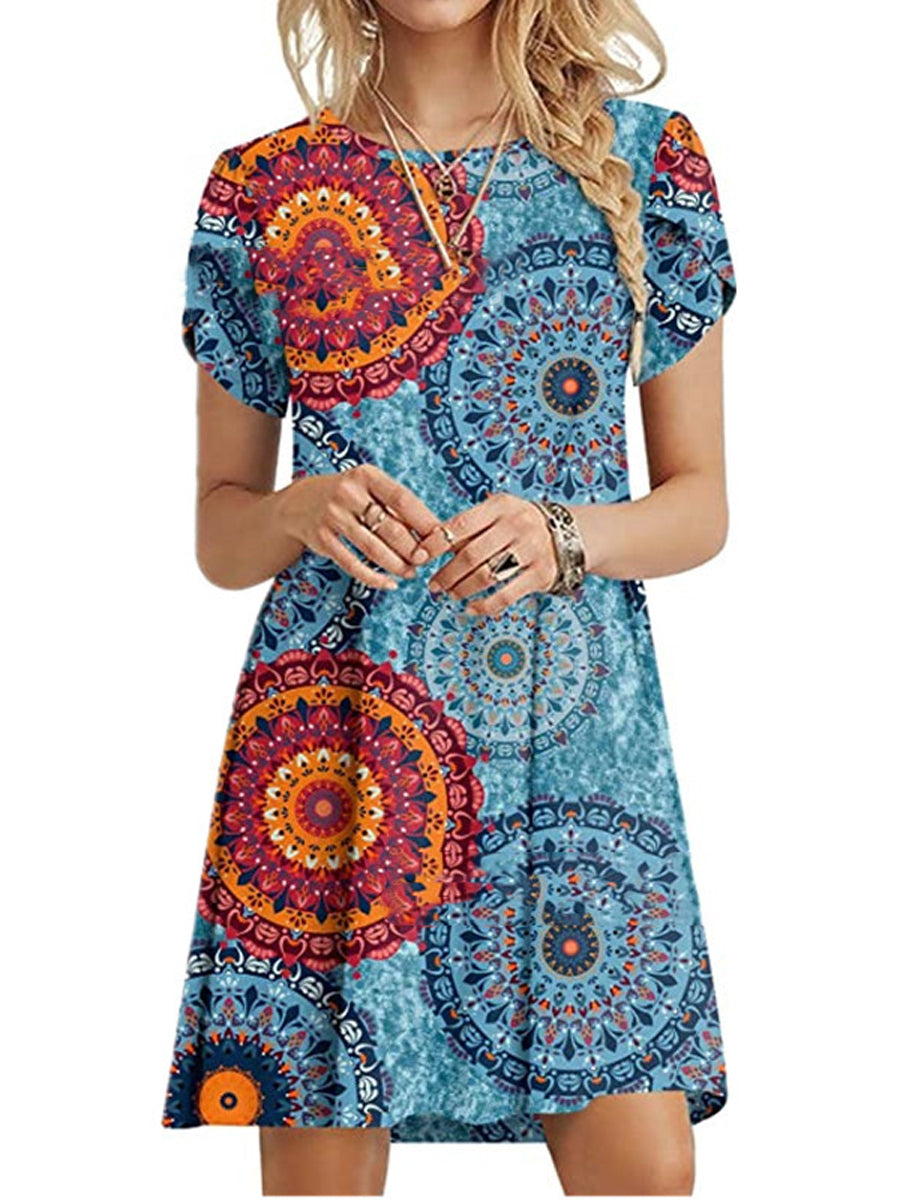 Casual Ruffle Short Sleeve Cute Crew Neck Flowy Mini Dress - Image 3