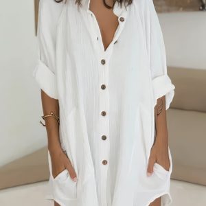 Shirt Casual  Basic Loose Fit Long Sleeve Mini Dress