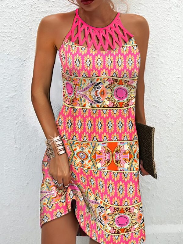 Casual Shift Sleeveless Floral Ruched Halter Vintage Ethnic Mini Dress - Image 5