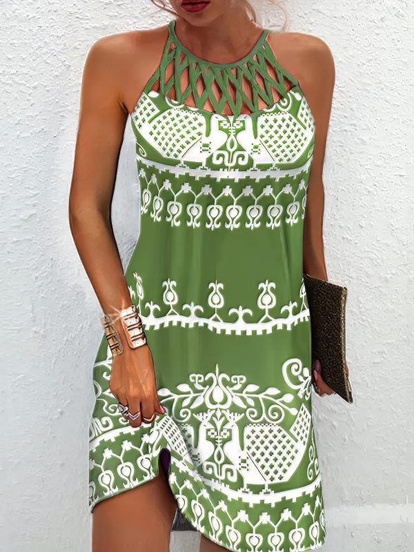 Casual Shift Sleeveless Floral Ruched Halter Vintage Ethnic Mini Dress - Image 6