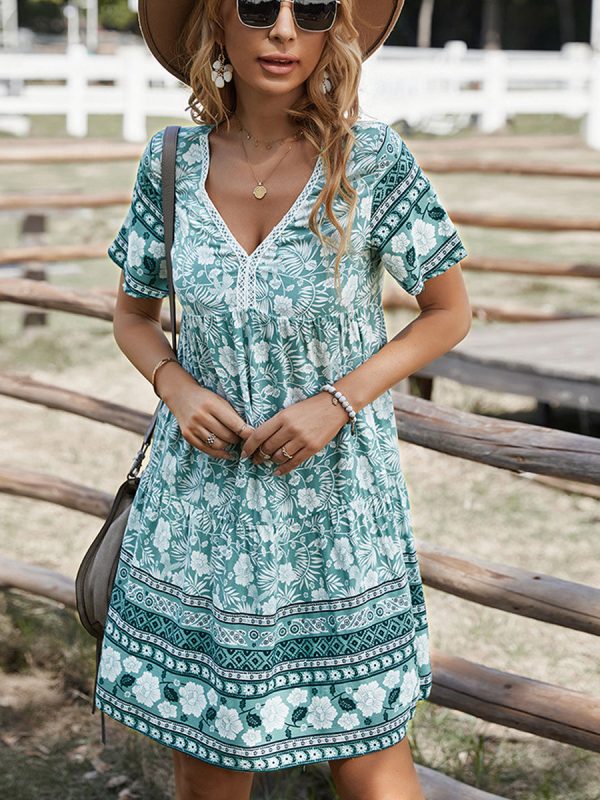 Bohemian V-Neck Short Sleeve Mini Dress - Image 2