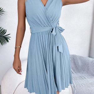 Elegant Cross V-Neck Sleeveless Pleated Waist Mini Dress