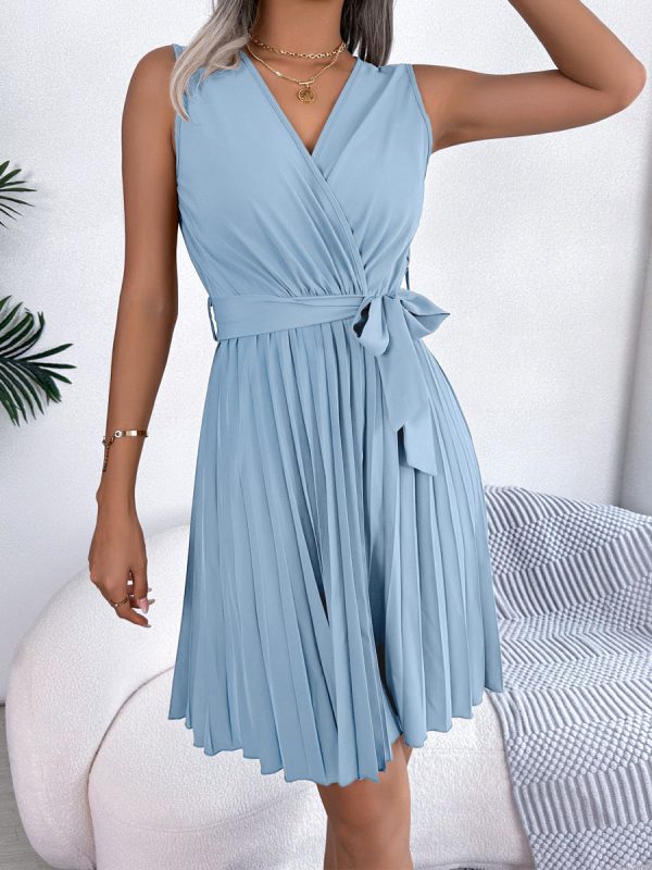 Elegant Cross V-Neck Sleeveless Pleated Waist Mini Dress - Image 7