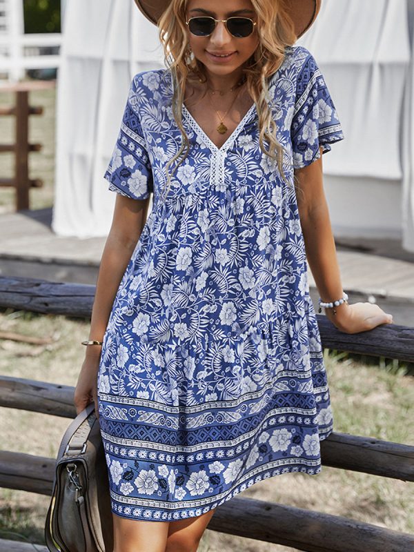 Bohemian V-Neck Short Sleeve Mini Dress - Image 6