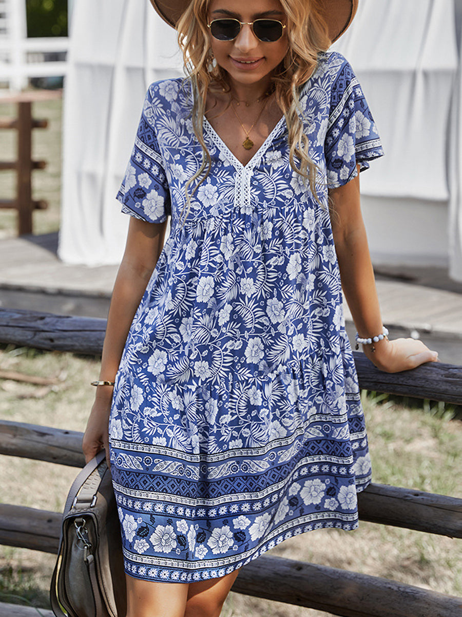 Bohemian V-Neck Short Sleeve Mini Dress - Image 6
