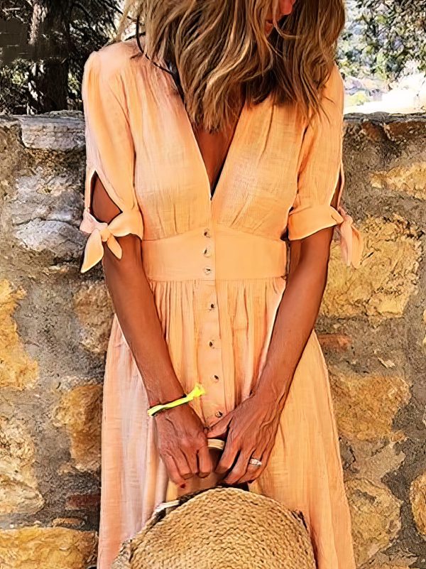 Solid Color V Neck Tie Half Sleeve Casual Dress - Image 38