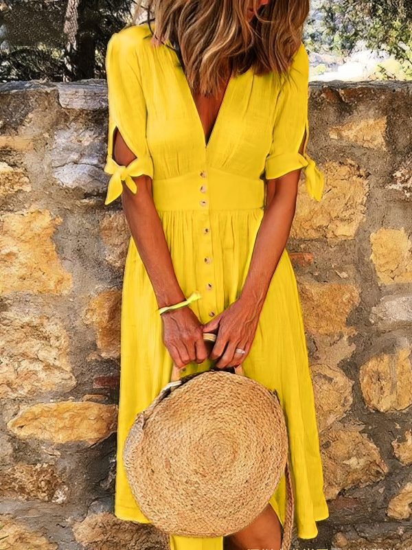Solid Color V Neck Tie Half Sleeve Casual Dress - Image 34