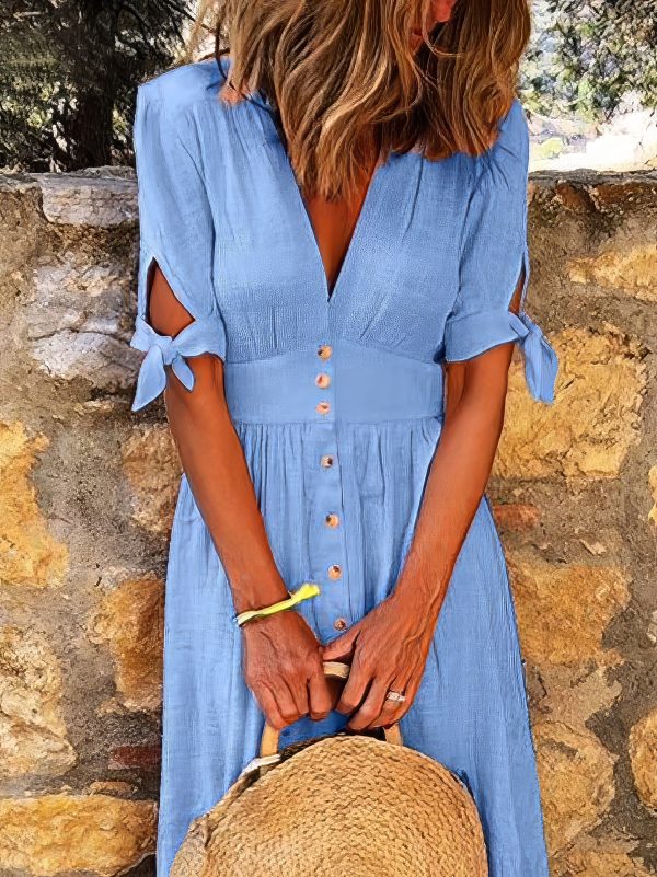 Solid Color V Neck Tie Half Sleeve Casual Dress - Image 41