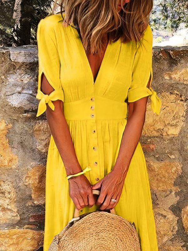 Solid Color V Neck Tie Half Sleeve Casual Dress - Image 35