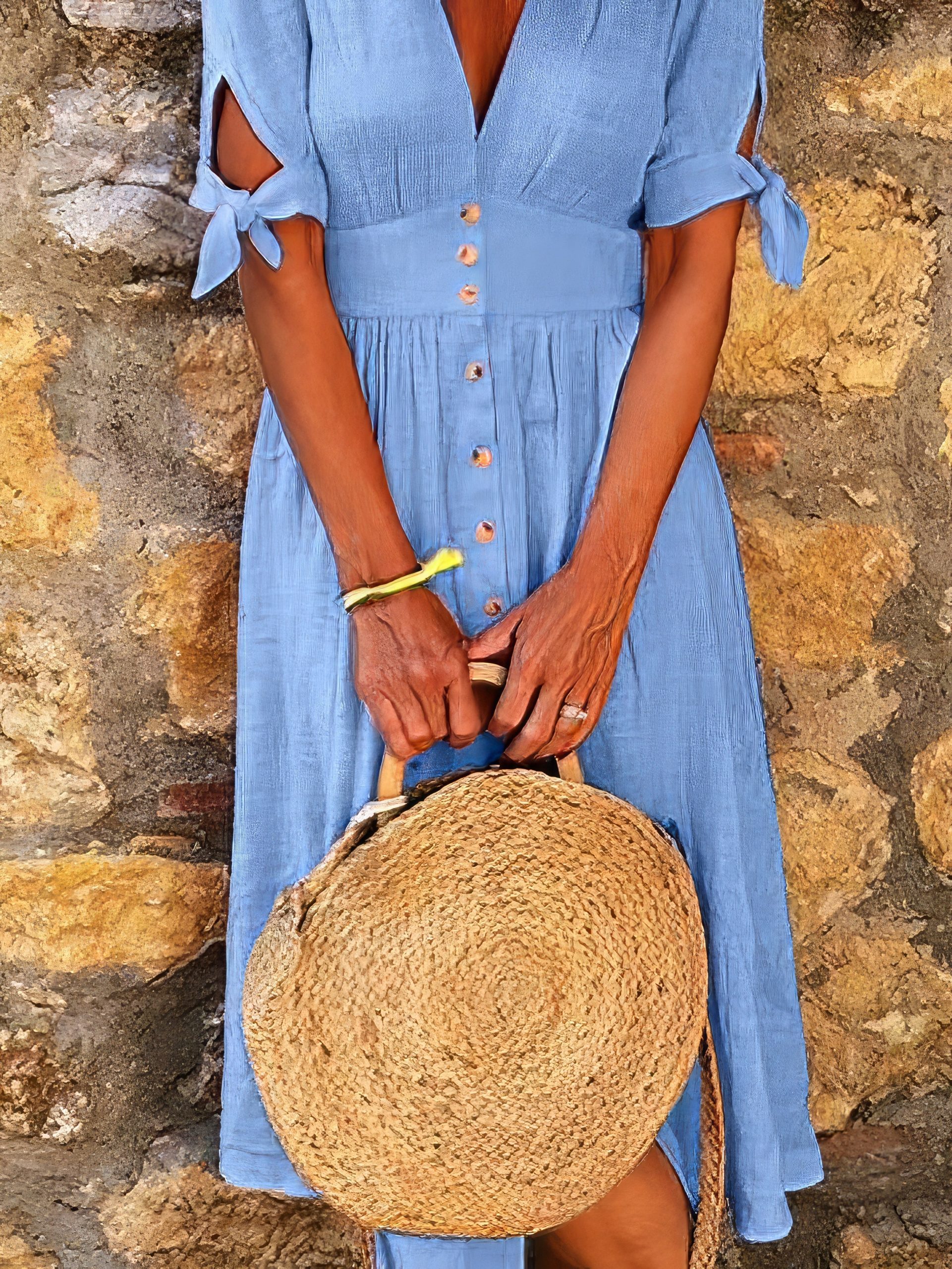 Solid Color V Neck Tie Half Sleeve Casual Dress - Image 42