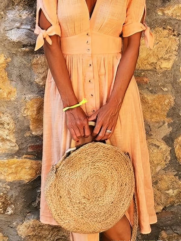 Solid Color V Neck Tie Half Sleeve Casual Dress - Image 39