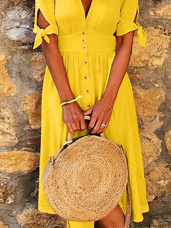 Solid Color V Neck Tie Half Sleeve Casual Dress - Image 36