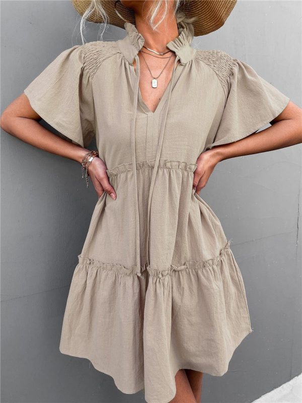 Stylish Pleated V-Neck Dress with Belt and Short Sleeves - Image 5