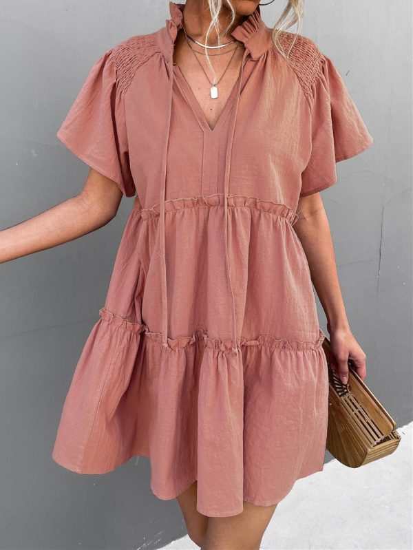 Stylish Pleated V-Neck Dress with Belt and Short Sleeves - Image 6