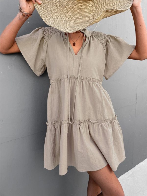 Stylish Pleated V-Neck Dress with Belt and Short Sleeves - Image 9