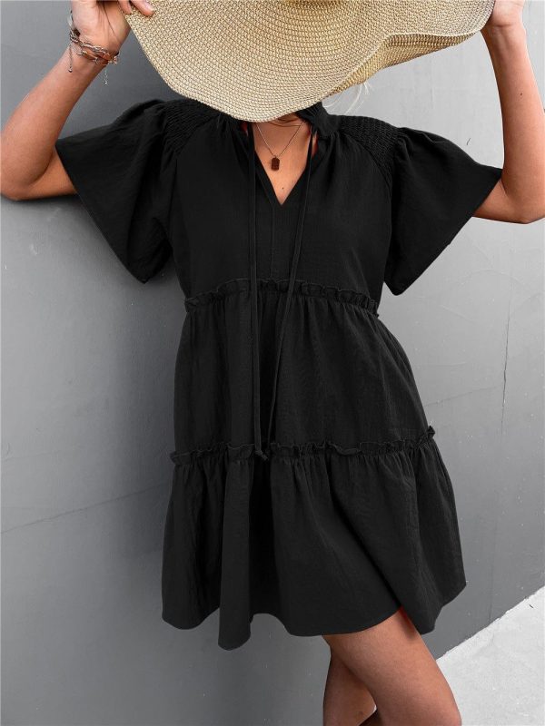Stylish Pleated V-Neck Dress with Belt and Short Sleeves - Image 8