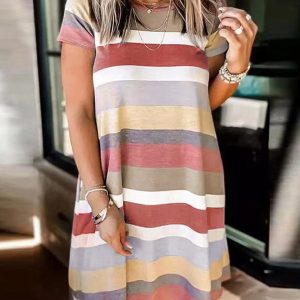 Stylish Striped Print Short Sleeve Mini Dress