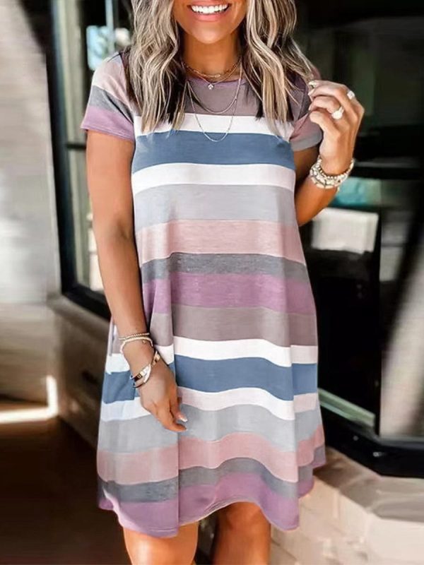 Stylish Striped Print Short Sleeve Mini Dress - Image 4