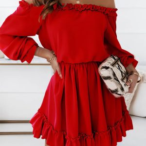 One-Shoulder Elastic Waist Long Sleeve Dress