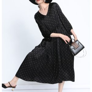 Elegant Black Polka Dot Maxi Dress with Cinched Waist