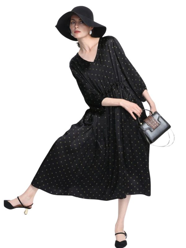 Elegant Black Polka Dot Maxi Dress with Cinched Waist - Image 11